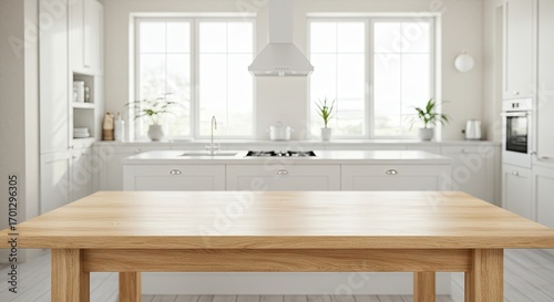 Wooden Table in Bright White Modern Kitchen Interior