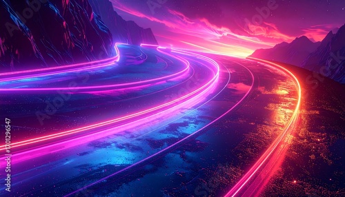 A mesmerizing landscape showcases winding paths of vibrant neon light, stretching across a textured terrain under a spectacular sunset sky.