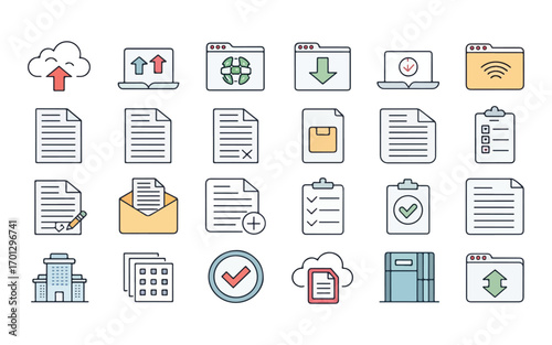 Collection of Colorful Outline Icons for Digital Documents and Data Management representing file types folders uploads downloads and other storage options