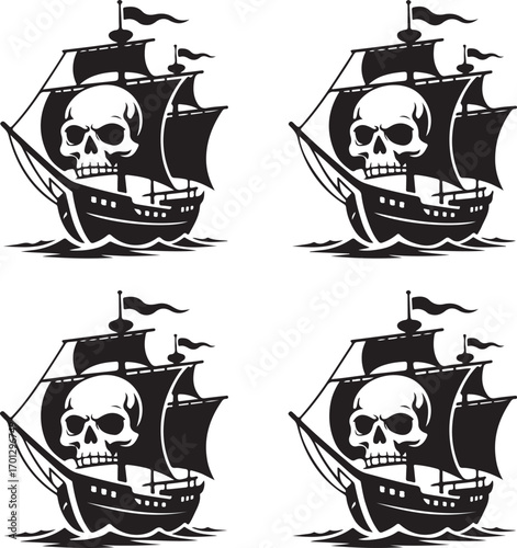 Pirate ship with skull Jolly Roger flag and sails on waves sailing ship skull and crossbones