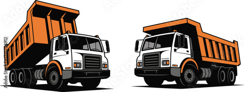 Dump truck, construction vehicle, heavy equipment, raised bed, lowered bed, industrial transport, building site, cargo hauler, earth mover, white orange design