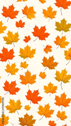 A delightful autumnal pattern features vibrant, scattered maple leaves in various shades of orange and yellow against a bright white backdrop.