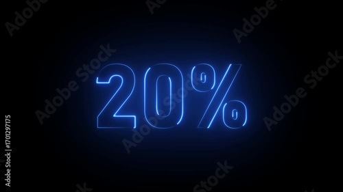 Blue neon 20 percent sign on black background twenty percent