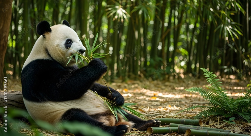 Obraz premium A black and white giant panda bear eating bamboo in the forest is a rare sight of endangered wildlife from China