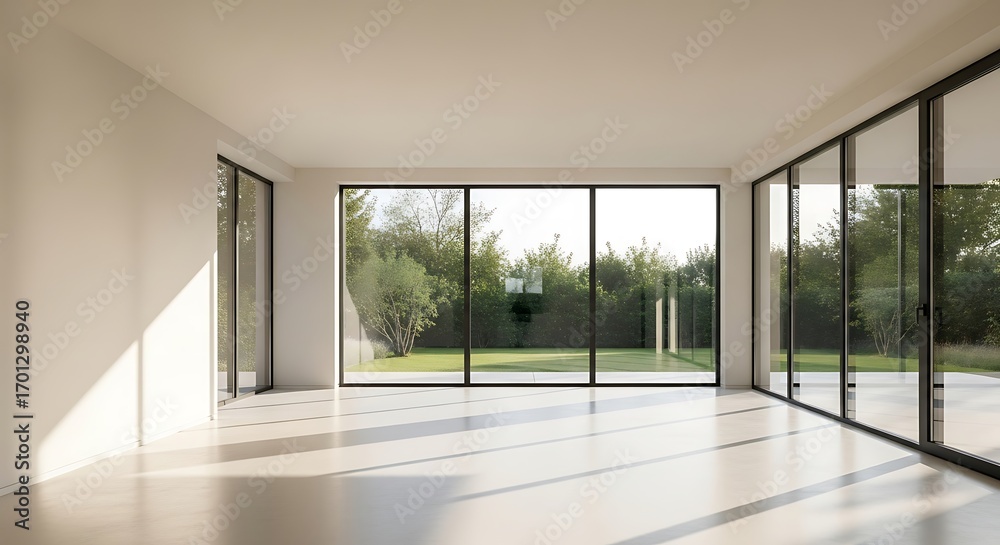 Naklejka premium Modern minimalist interior space with expansive glass panels and garden view