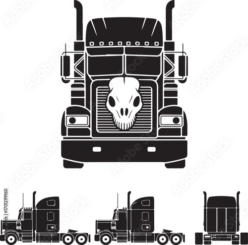 Black and White Vector Art of a Semi- Truck with Skull Grille and Multiple Views semi-truck