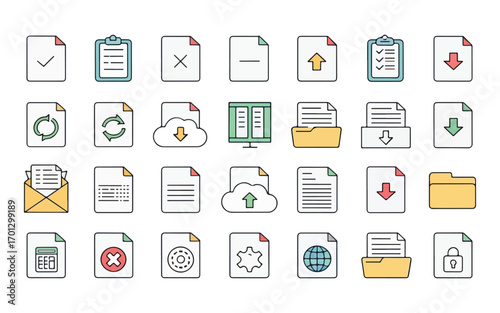 Collection of File Management Icons for Digital Data and Document Organization in Modern Business Workflow Solutions