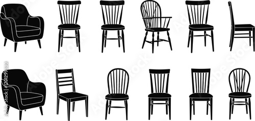 Collection of modern and vintage chair silhouettes, black furniture design icons, retro armchair and wooden dining chairs isolated vector illustration