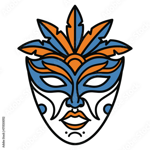 flat vector masquerade mask with feathers, festive celebration