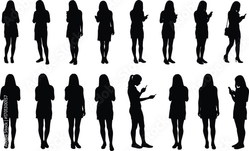 Multiple black silhouette women standing and using mobile phone, isolated vector illustration, business communication, digital lifestyle, modern technology concept