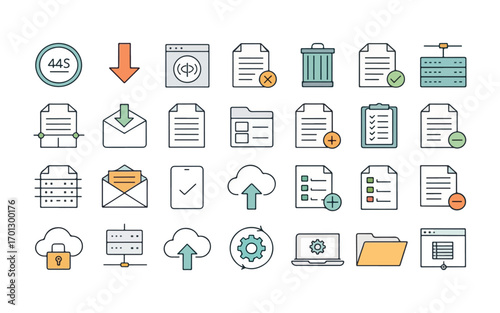 Collection of Modern Flat Line Icon Set Featuring Data Management and File Operations for Digital and Software Applications