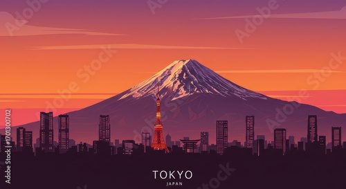Cityscape of Tokyo at sunrise with Mount Fuji