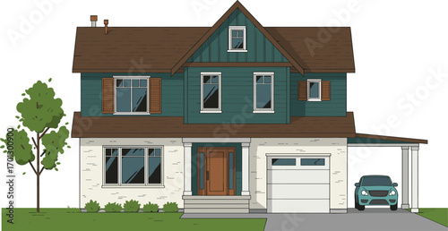 Modern suburban two-story house illustration with carport, family home front view, cozy exterior design, detailed real estate clipart
