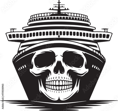 Cruise Ship with Skull Face Front View Black and White boat vessel