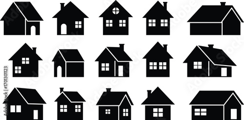 Silhouette collection of residential house icons, modern home designs, suburban architecture, simple family housing, black vector illustration, graphic design elements