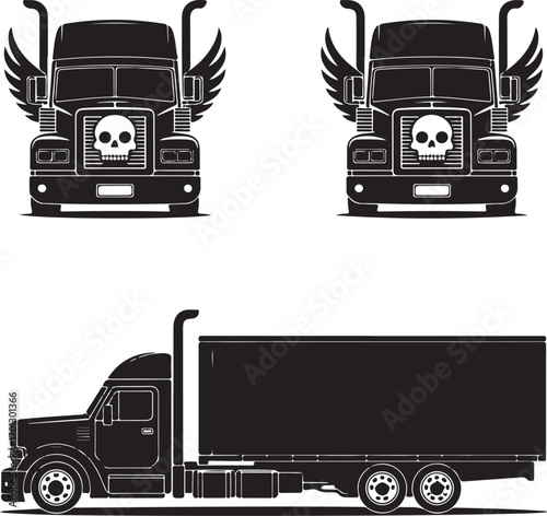 Semi Truck Front View With Skull and Wings And Side View Silhouette lorry freight truck