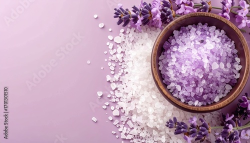 Lavender and Sea Salt Spa Treatment on Purple Background
