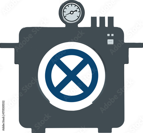 Industrial pressure cooker with gauge and prohibition symbol on white background Keywords: industrial, pressure cooker, autoclave