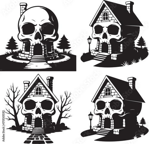 Skull Shaped Houses With Chimneys Trees And Pathways home building