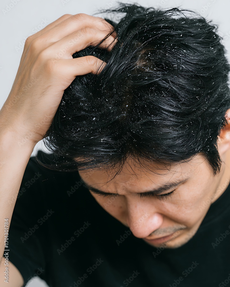 Obraz premium asian man scratching scalp with visible dandruff flakes falling on black shirt, close-up shot