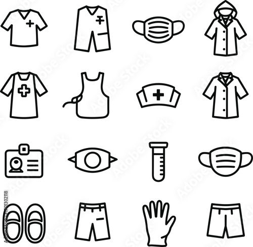 Medical uniform and equipment icons set Keywords: medical, healthcare, uniform, clothing, equipment, doctor, nurse, surgeon