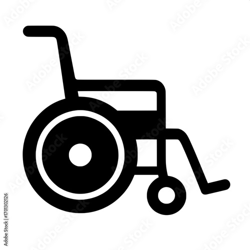 Medical Equipment Silhouette – “A stark black profile silhouette of a wheelchair, designed in a minimal style with only essential geometric details, on a white background.”