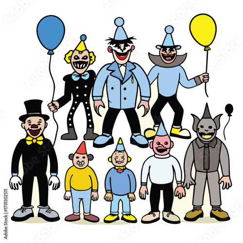Whimsical group of cartoon clowns celebrating with balloons at a festive party event