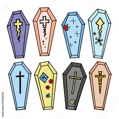 Colorful cartoon coffins with crosses, flowers, and stars for Halloween or spooky themes