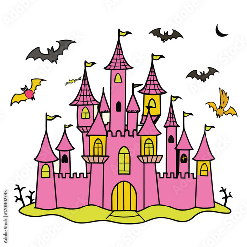 Whimsical pink castle with bats flying against a white background, ideal for Halloween designs