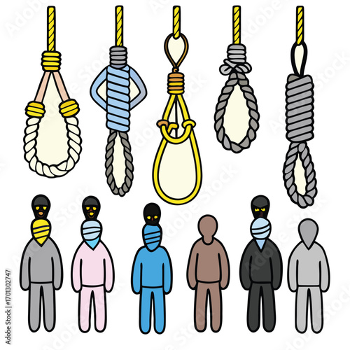 Cartoon nooses and faceless figures representing themes of death, suicide, and hopelessness