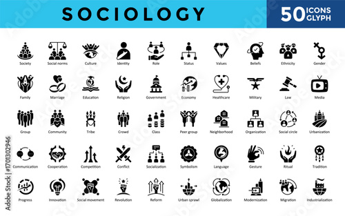 Sociology icons set with society, social norms, culture, identity, role, status, values, beliefs, ethnicity, gender icon. Simple glyph black vector 

