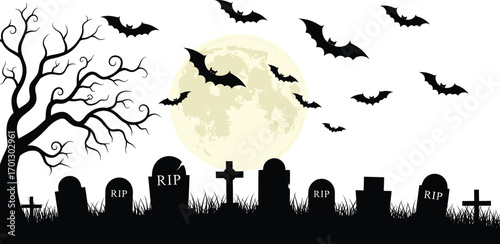 Spooky Halloween graveyard scene with flying bats, full moon, haunted tree, and tombstones, perfect for eerie holiday background designs.