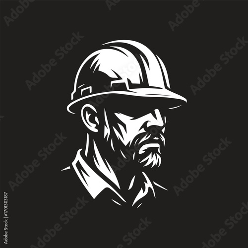 black and white vector of head of a construction worker complete with his safety helmet in black background