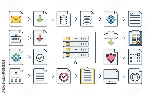 Data Flow Diagram Illustrating a StepbyStep Process with File Icons and Arrows Representing Stages