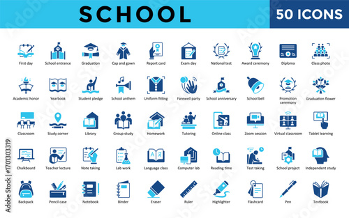 School icons set with first day, school entrance, graduation, cap and gown, report card, exam day, national test, award ceremony, diploma, class photo icon. Simple duotone blue vector 
