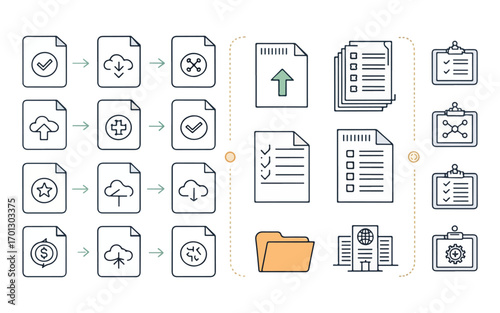 Data Flow and Document Management Icons Representing Information Processing and Business Operations