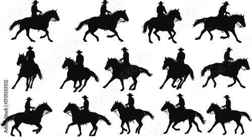 Silhouette of cowboy riding horse in multiple action poses, western rodeo equestrian illustration, cowboy horse riding movement, wild west concept