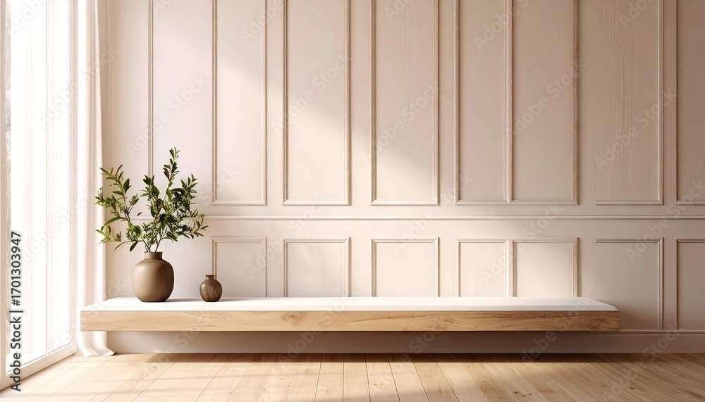 Fototapeta premium Minimalist Interior Design with Cream Walls and Wooden Shelf