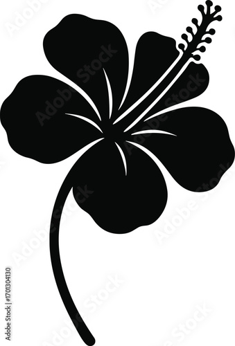 vector silhouette, hibiscus five broad petals with protruding style, single stem, solid black
