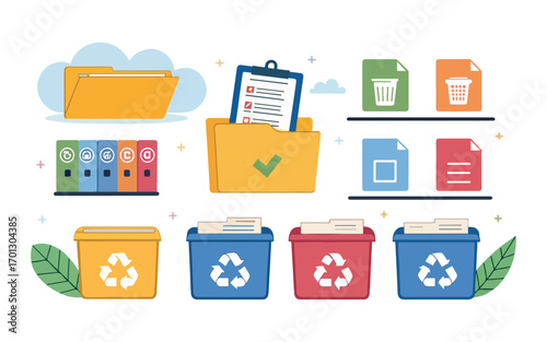 Digital file management organization and recycling concept with folders documents and recycle bins for eco friendly practices and sustainability