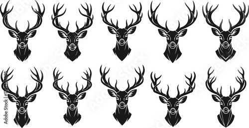 Vintage black silhouette deer head illustration with large antlers, wildlife hunting symbol, forest animal vector icon, rustic nature design