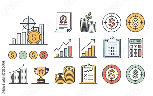 Financial growth and investment icons illustration business success symbols set in outline style perfect for finance or marketing presentations