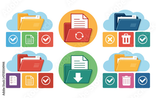 File Management Icons with Folders in Various States Upload Download Refresh Delete and Validated Files for Computer Organization