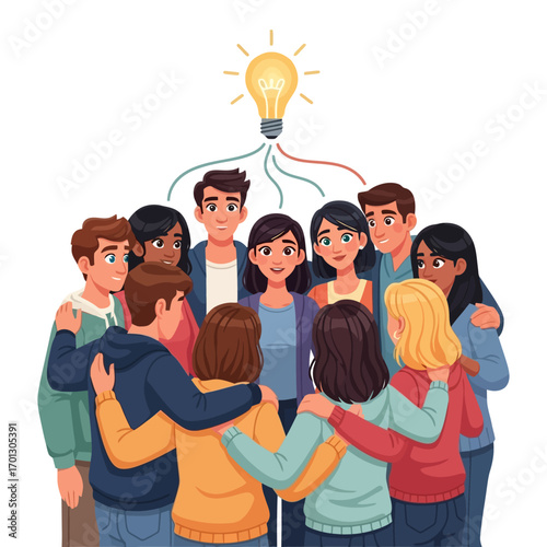 Diverse team collaborating with bright ideas, fostering innovation and collective success