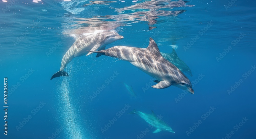 Fototapeta premium Dolphins swimming underwater in clear blue ocean water.