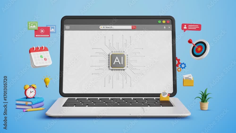 AI technology, Artificial intelligence for business. AI driven workflow, Automating data management, Ethical AI, Big data integration. AI microchip on laptop with marketing icons. 4K 3D animation