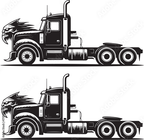 Black And White Semi Trucks With Vampire Monster Head Grille tractor trailer