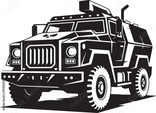 Black and white illustration of an armored tactical vehicle side view armored vehicle