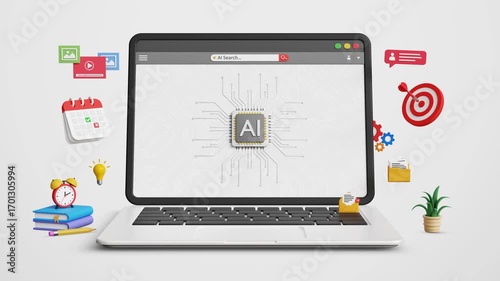 Business process automation, AI powered workflow, digital automation, automate tasks, big data analysis, digital marketing with artificial intelligence. Laptop with big AI microchip. 4K 3D animation