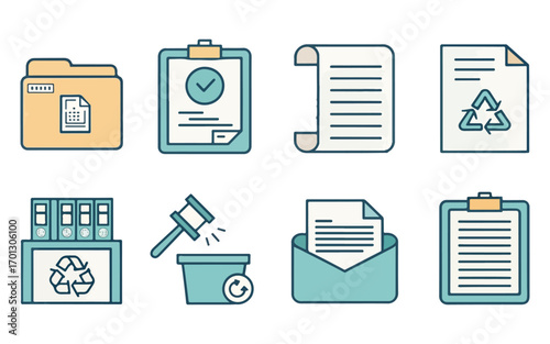 Office Documents and Recycling Icons Set for Business Efficiency and Sustainability Practices Promotion